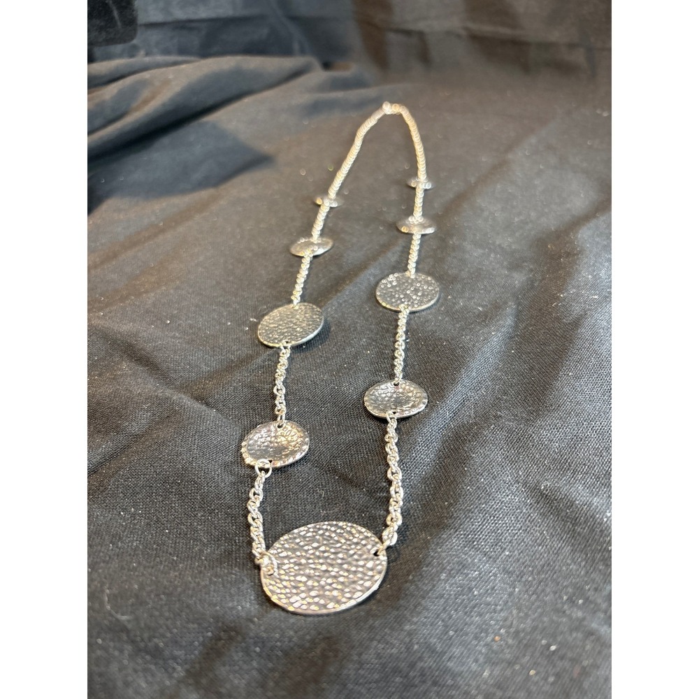 Silver Tone Hammered Disc Station Necklace Long Boho Chic